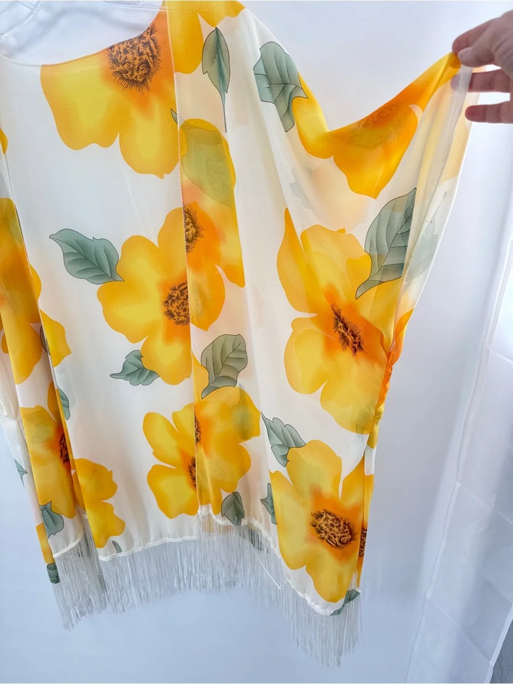 Sheer Floral Kimono Cover Up Yellow Orange Boho Fringe Hem Lightweight Summer - Picture 2 of 8
